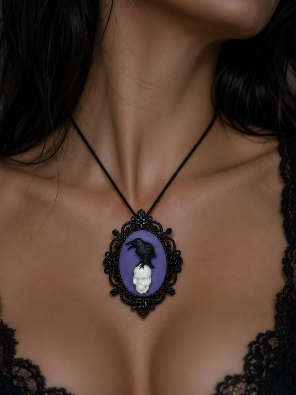 Black Ravin Skull Cameo Poe Inspired Choker Necklace Pendant Resin